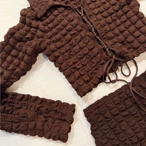 Chic Brown Textured Jacket and Skirt Set